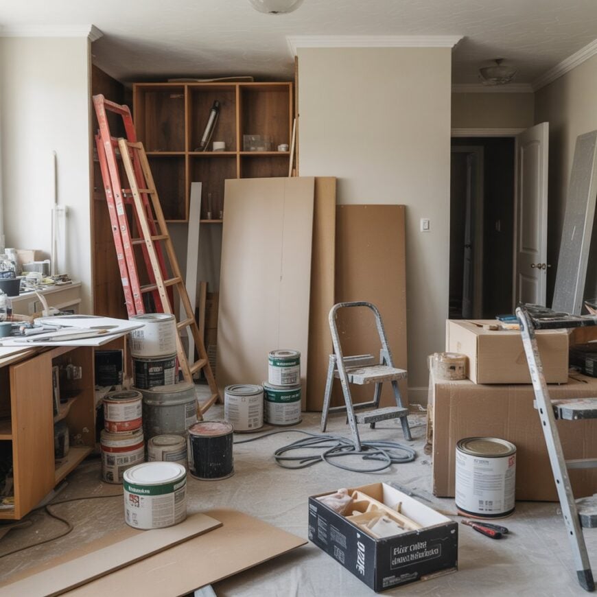 Room filled with paint cans, ladders, boxes, and tools during a home renovation.