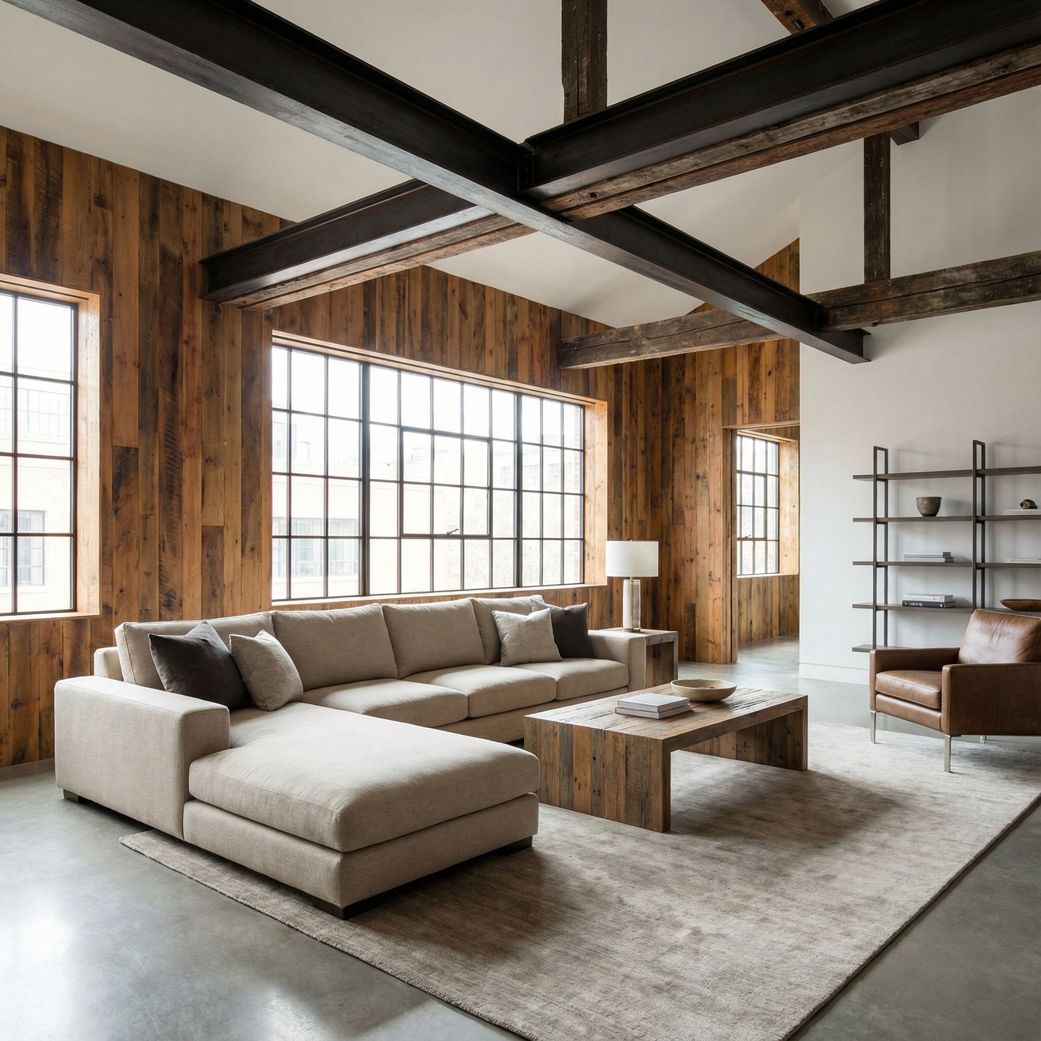 Urban Wood Panel Living Room with Industrial Ceiling Beam Accents