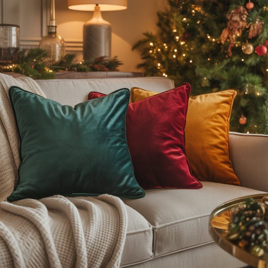 A beige sofa with green, red, and gold velvet pillows sits near a decorated Christmas tree and a festive table display.