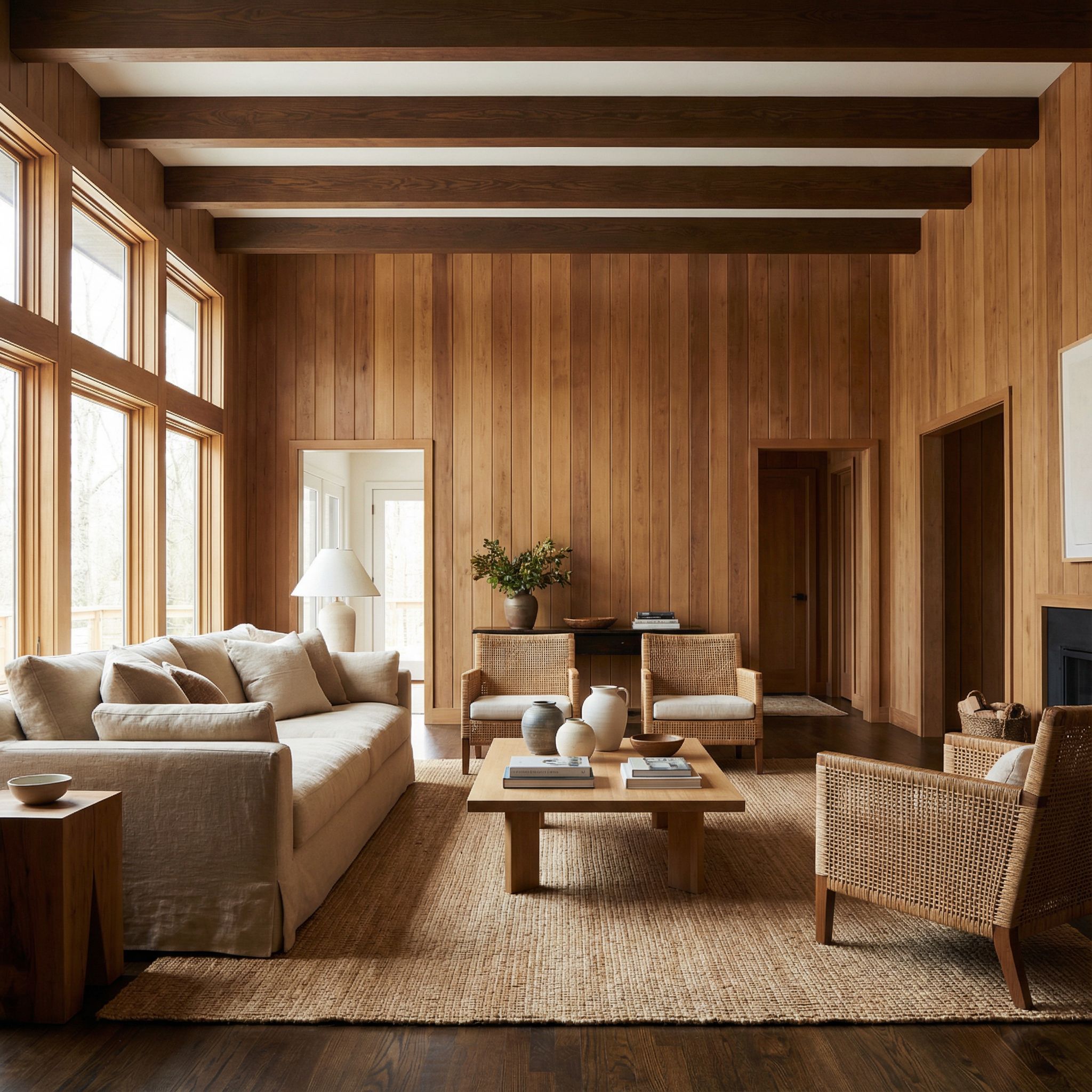 Vertical Wood Panel Living Room with Parallel Exposed Beams