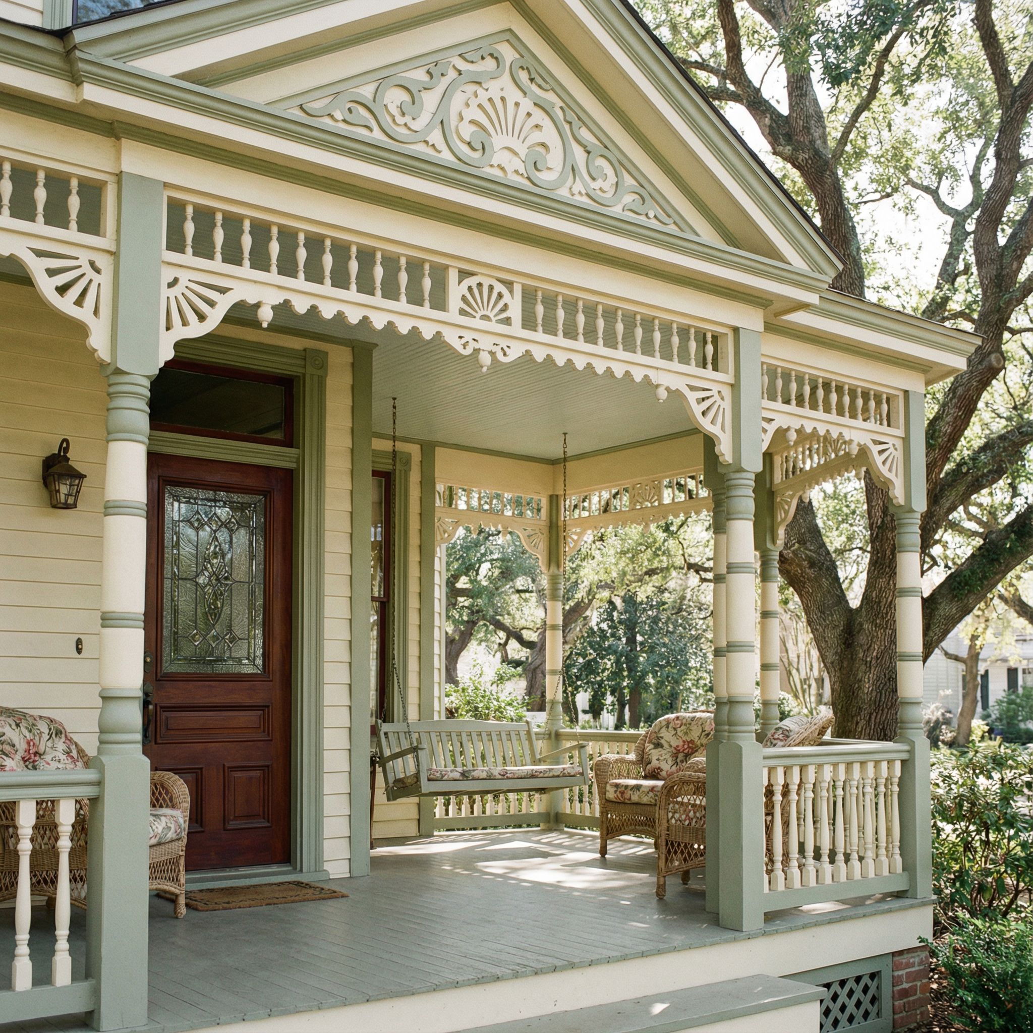 Victorian Covered Front Porch with Decorative Trim