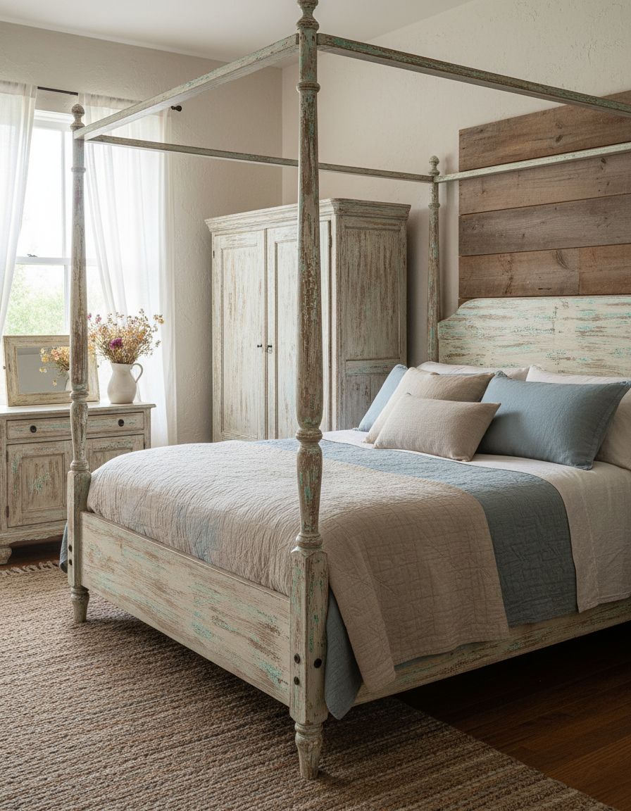 Vintage Farmhouse Bedroom Displaying Chippy Paint Furniture Patina