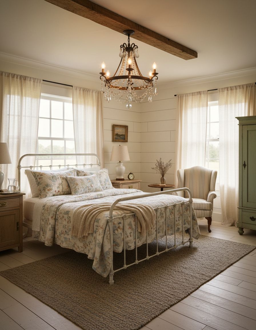 Vintage Farmhouse Bedroom Displaying Vintage Chandelier Centerpiece