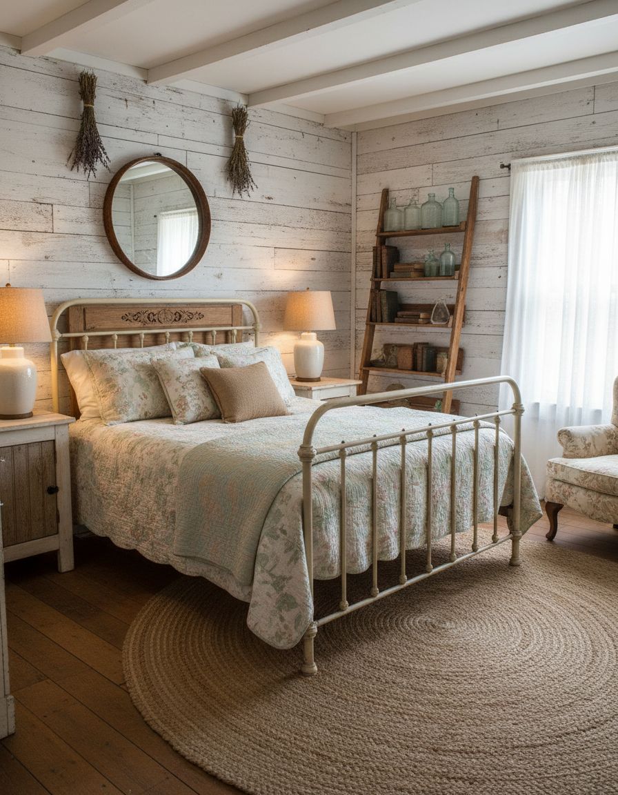 Vintage Farmhouse Bedroom Featuring Distressed White Shiplap Walls