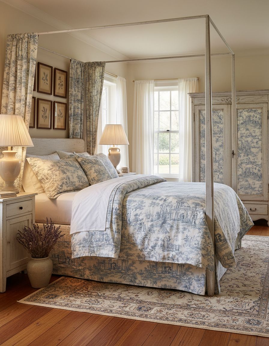 Vintage Farmhouse Bedroom Featuring French Country Toile Fabrics