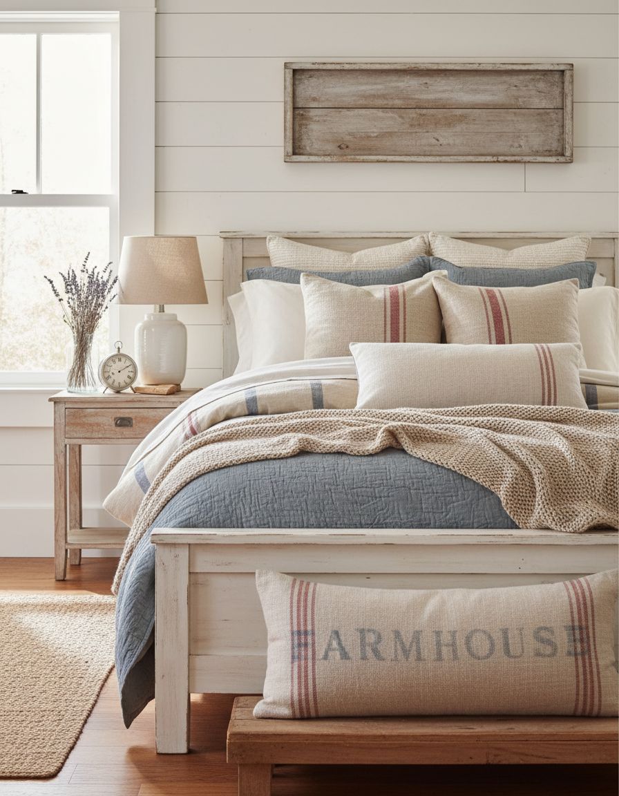 Vintage Farmhouse Bedroom Featuring Grain Sack Pillow Accents