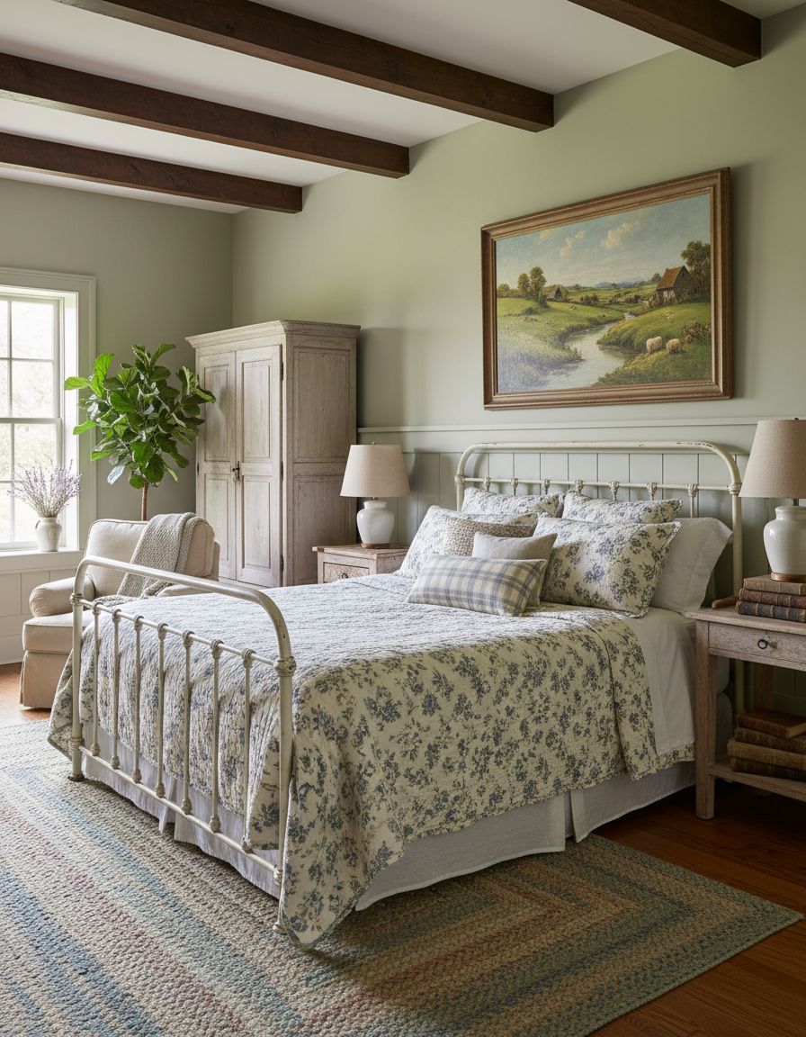 Vintage Farmhouse Bedroom Featuring Pastoral Landscape Artwork