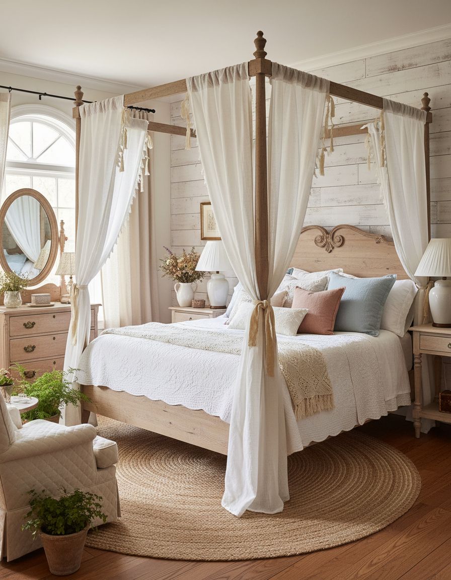 Vintage Farmhouse Bedroom Featuring Romantic Canopy Bed Draping