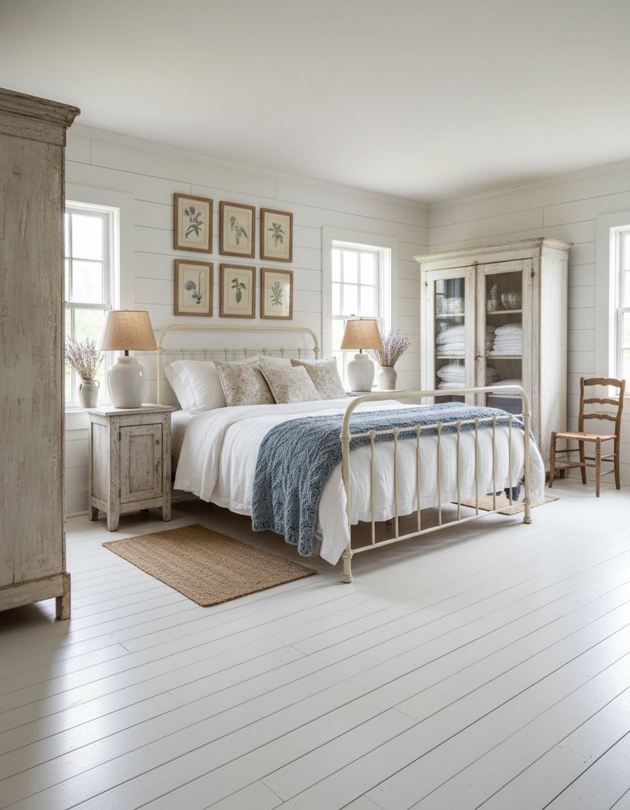 Vintage Farmhouse Bedroom Featuring Whitewashed Wood Plank Floors