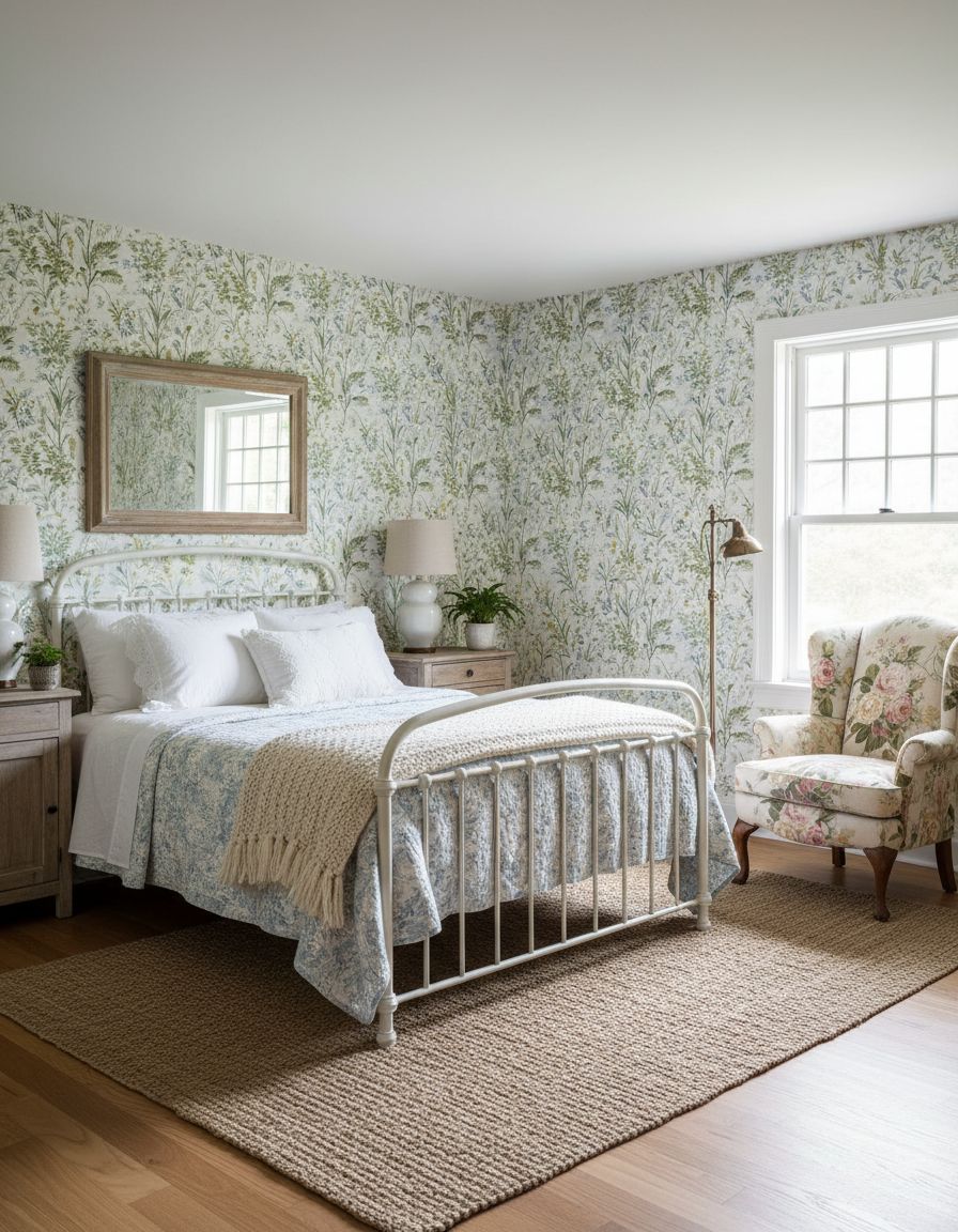 Vintage Farmhouse Bedroom Showcasing Botanical Print Wallcovering