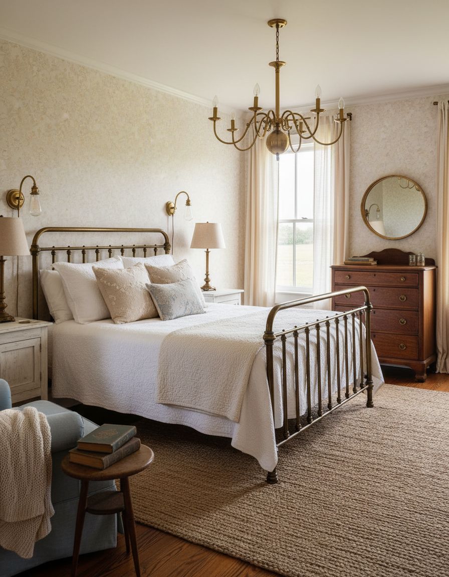 Vintage Farmhouse Bedroom with Antique Brass Lighting Fixtures