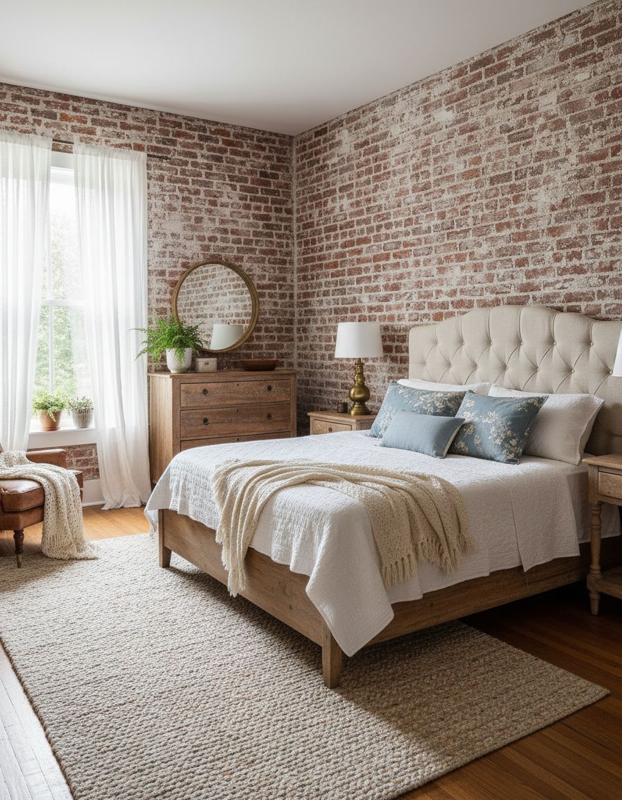 Vintage Farmhouse Bedroom with Exposed Brick Accent Wall