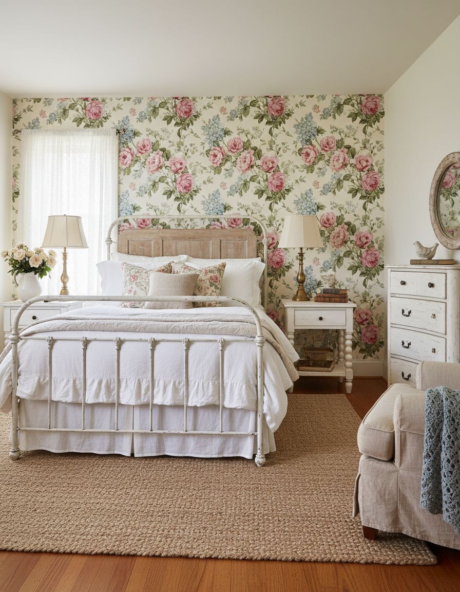 Vintage Farmhouse Bedroom with Floral Wallpaper Accent Wall