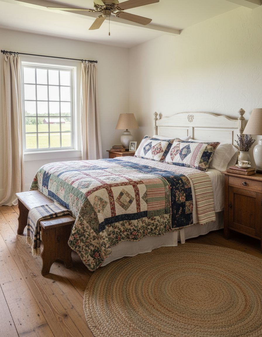 Vintage Farmhouse Bedroom with Heirloom Quilt Layering