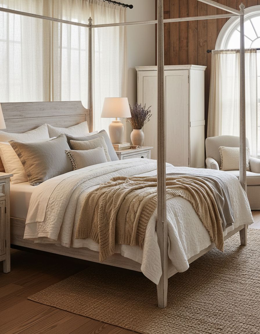 Vintage Farmhouse Bedroom with Layered Neutral Textile Bedding
