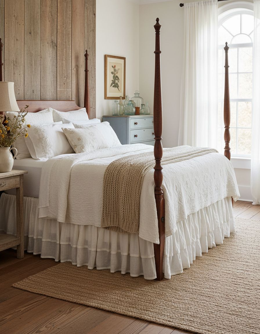 Vintage Farmhouse Bedroom with Ruffled Linen Bedskirt Detail