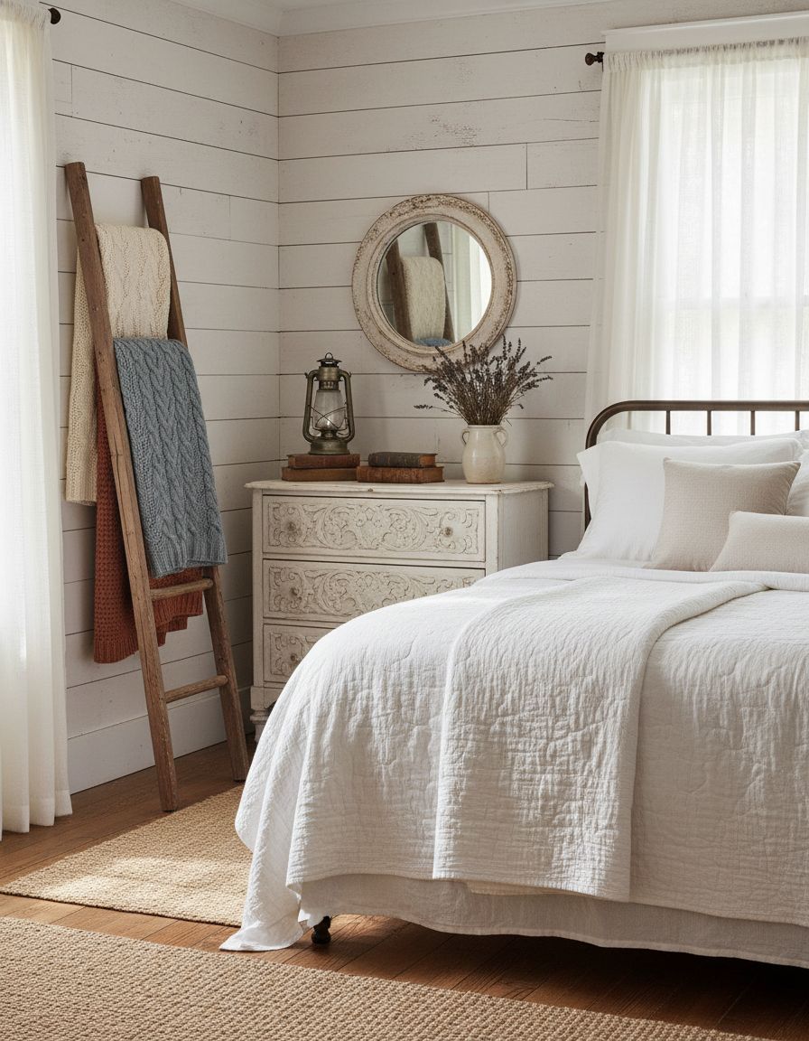 Vintage Farmhouse Bedroom with Rustic Ladder Blanket Display