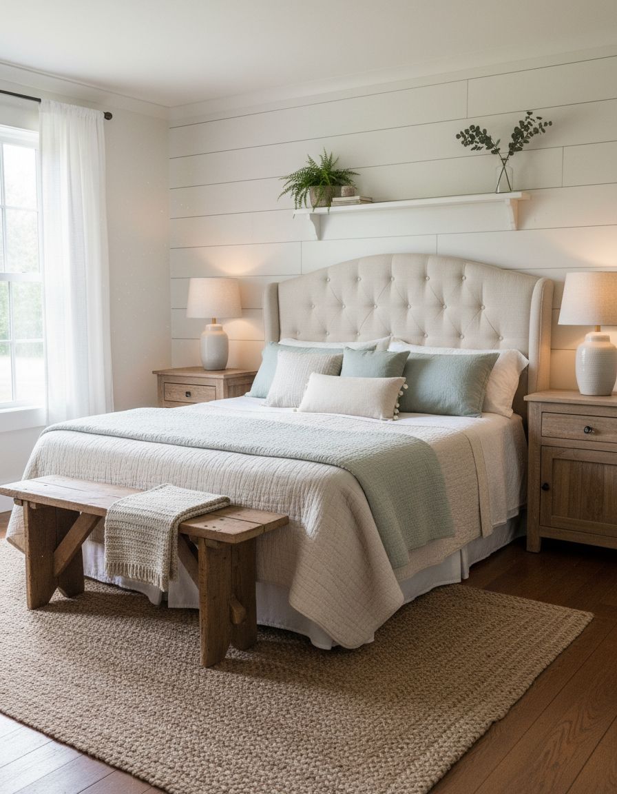 Vintage Farmhouse Bedroom with Tufted Linen Upholstered Headboard
