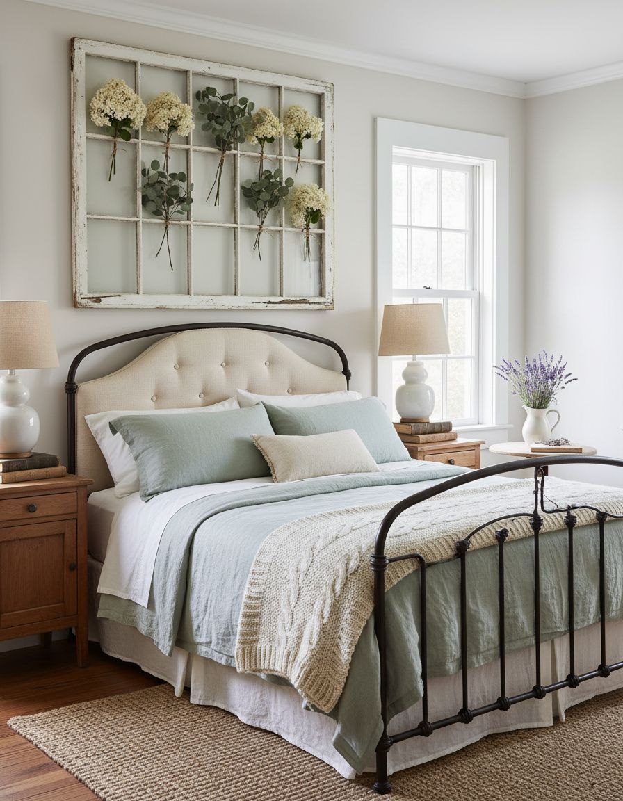 Vintage Farmhouse Bedroom with Weathered Window Frame Decor