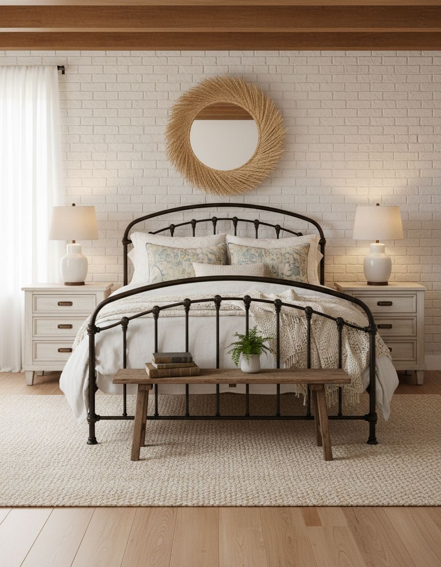Vintage Farmhouse Bedroom with Wrought Iron Bed Frame