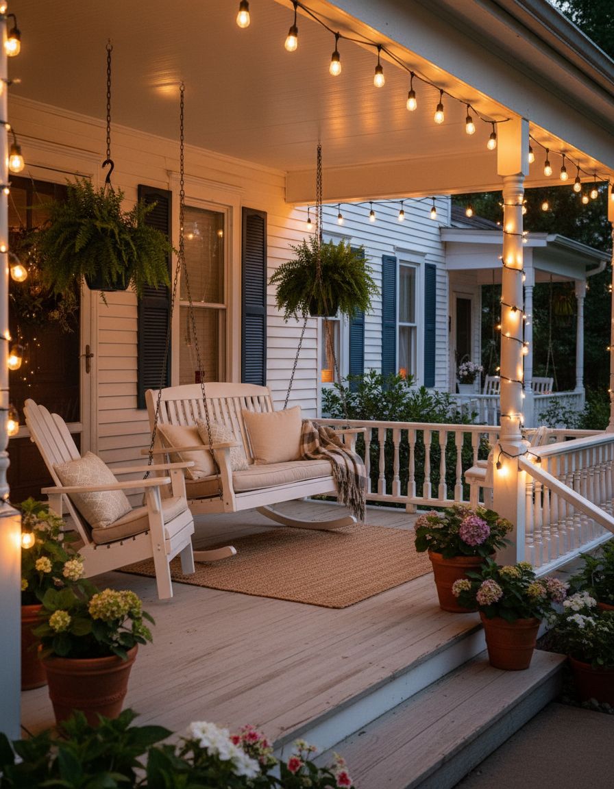 Vintage Front Porch with String Lights and Glider Seating