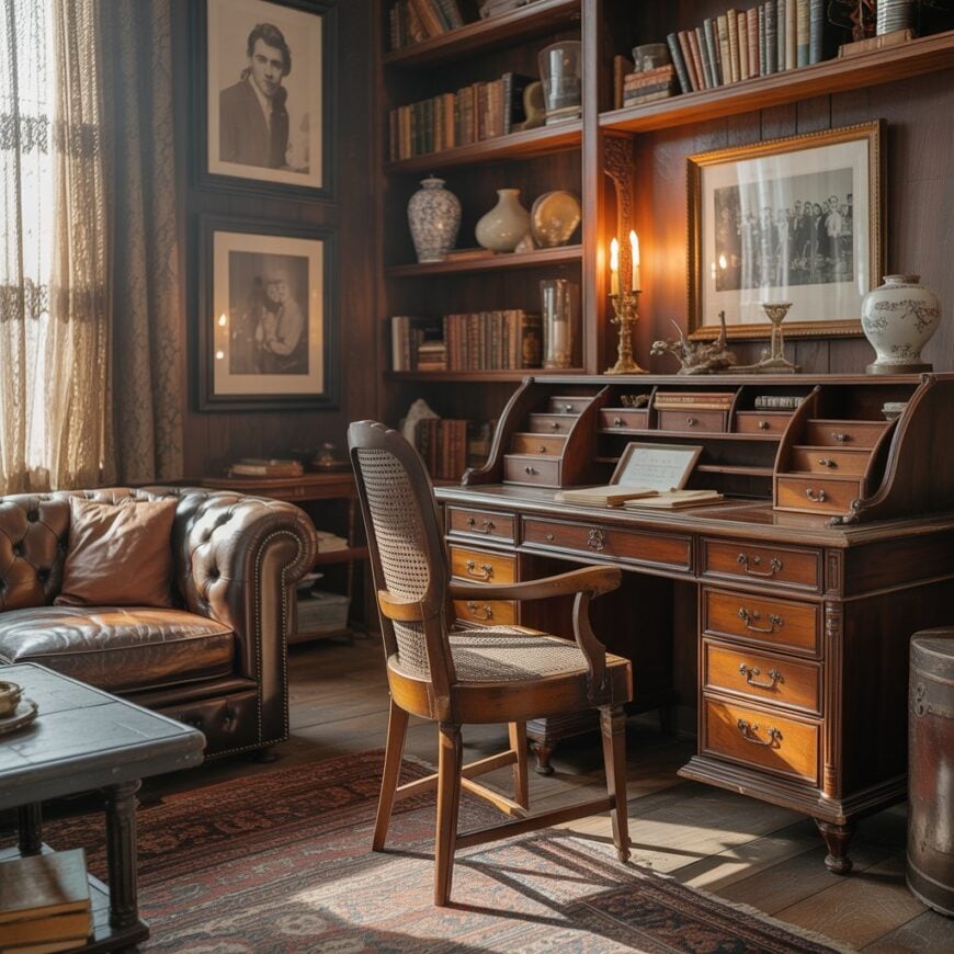 A vintage study with a wooden roll-top desk, bookshelves filled with books, framed photos on the wall, a leather armchair, and warm lighting from candles.