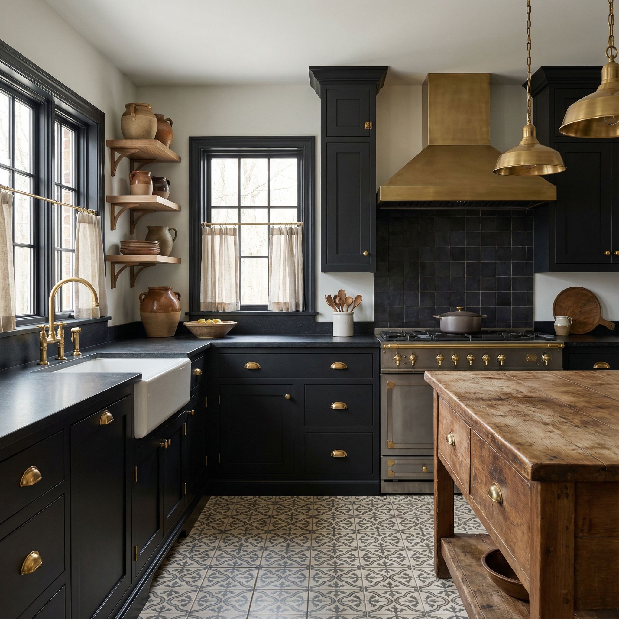 Vintage-Inspired Matte Black Kitchen with Brass Hardware