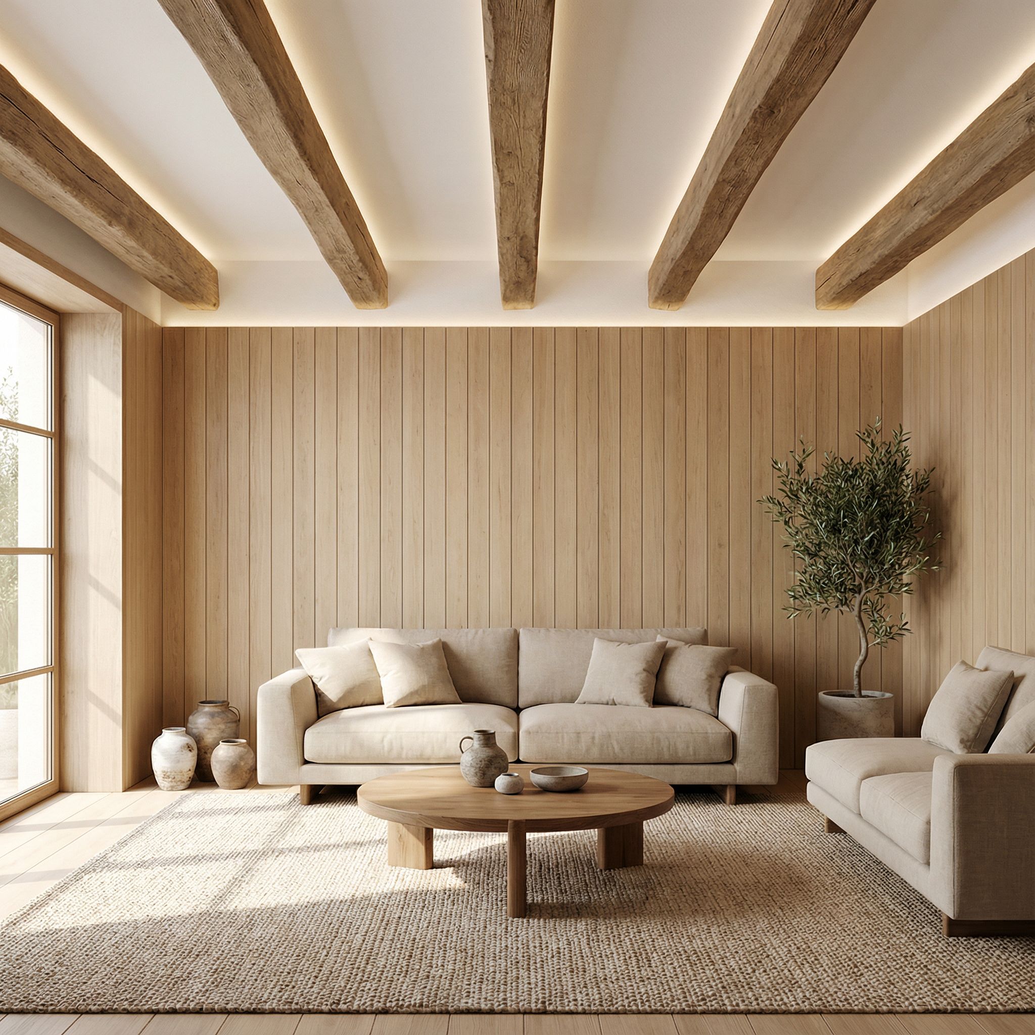 Warm Minimalist Wood Panel Living Room with Floating Ceiling Beams