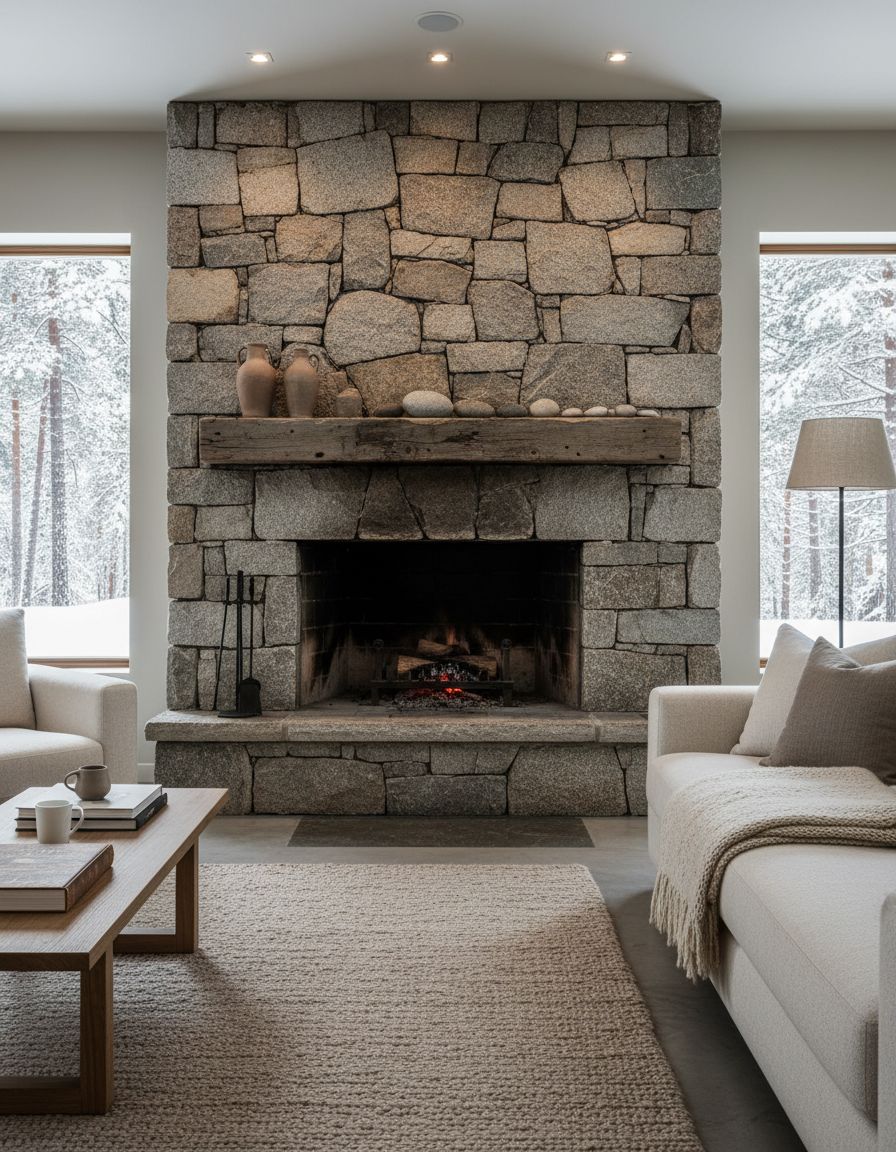 Weathered Stone Fireplace in Scandinavian Living Room