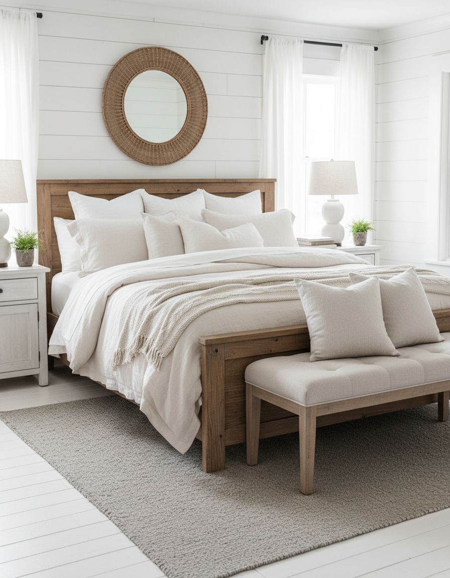White Farmhouse Bedroom with Linen Bedding