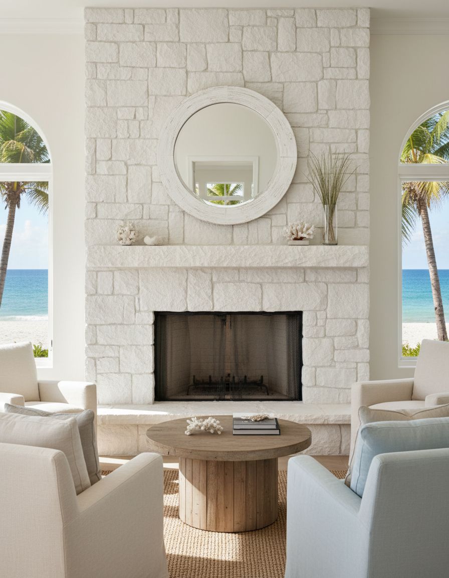 White-Washed Stone Fireplace in Coastal Living Room