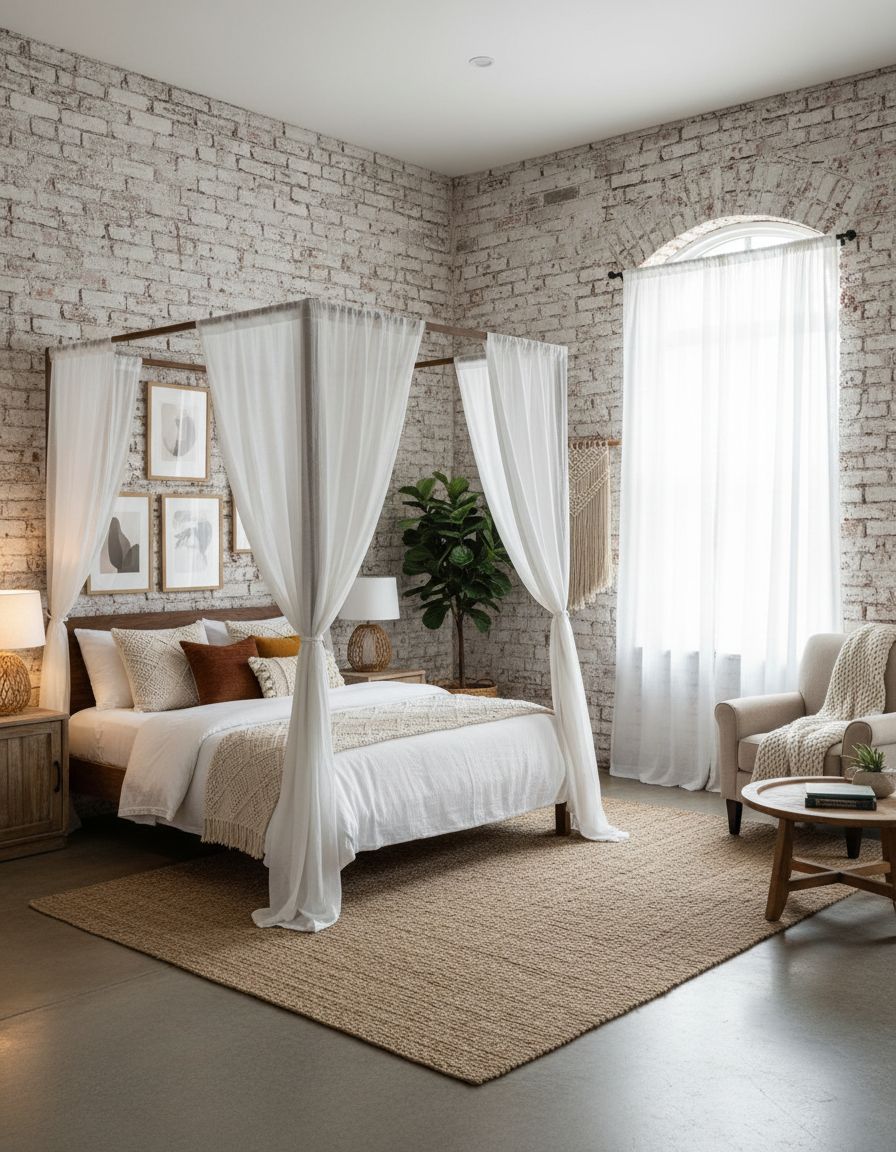 Whitewashed Brick Boho Farmhouse Bedroom Design