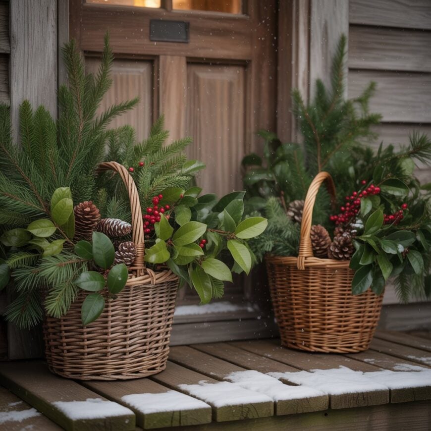 Two wicker baskets filled with evergreens, pinecones, and red berries sit on a snowy porch by the door.