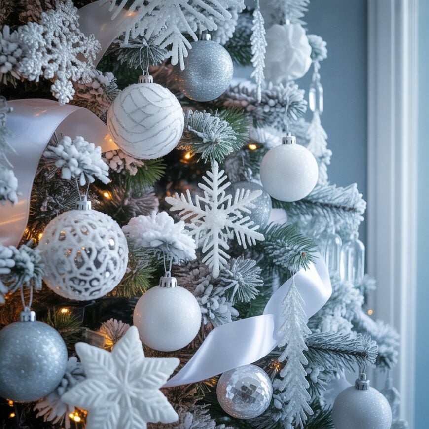 Close-up of a snowy Christmas tree with white and silver ornaments, snowflakes, ribbon, and frosted branches.
