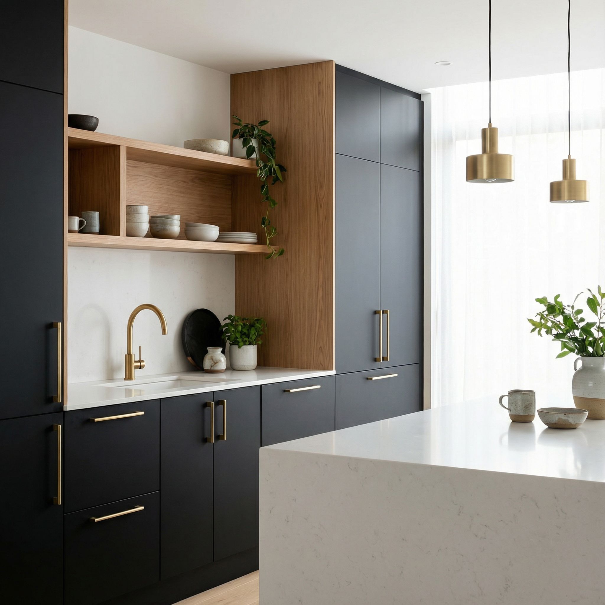 Wood Accent Matte Black Cabinets and Brass