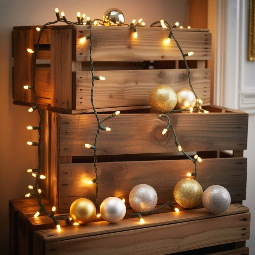 Stacked wooden crates decorated with string lights and gold and silver ornaments.