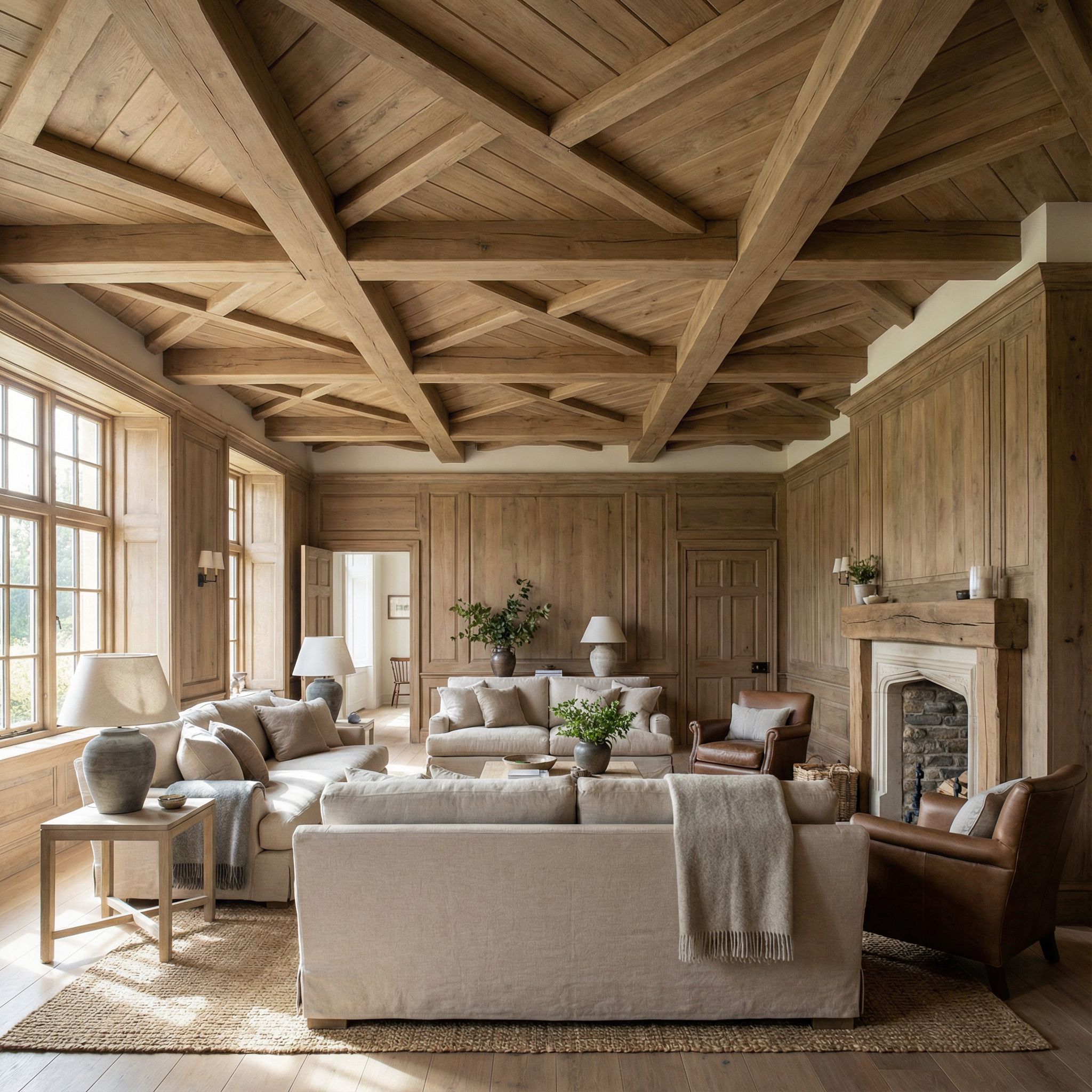 Wood Panelled Living Room with Herringbone Beam Arrangement