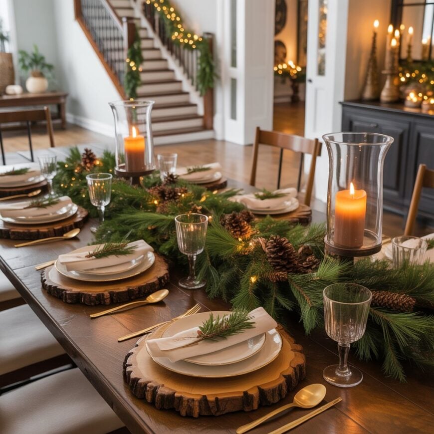 Holiday dining table set with wood slice chargers, simple white plates, glassware, and a pine garland centerpiece with candles and lights.