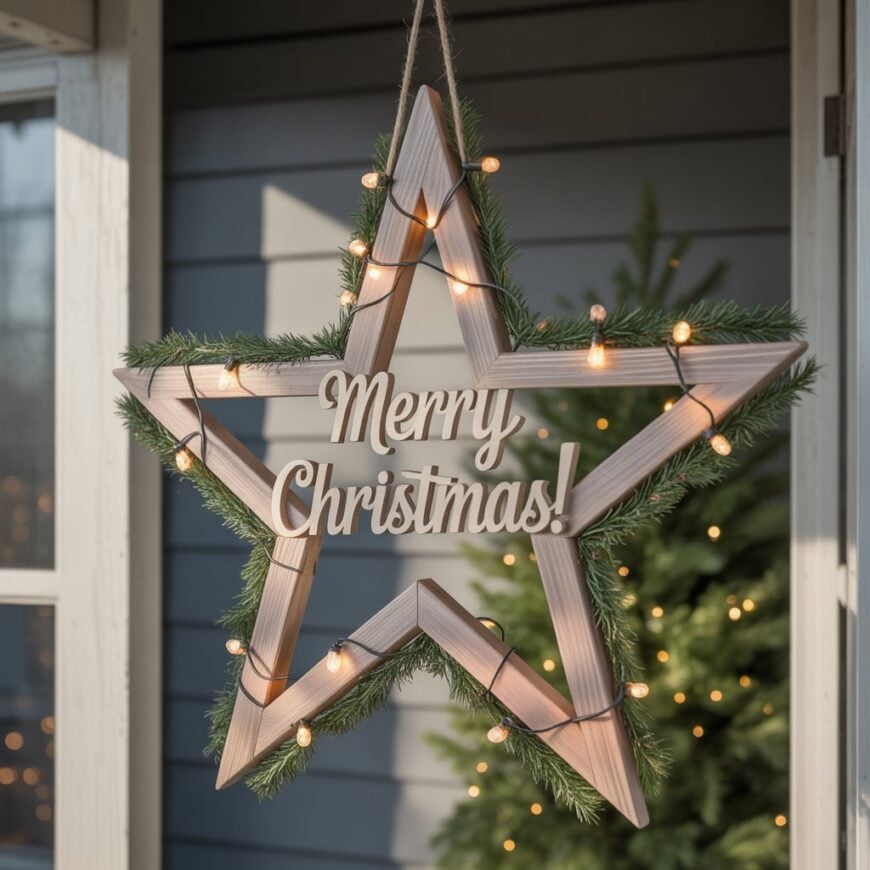 A wooden star sign with string lights and greenery hangs on a porch, displaying the words โMerry Christmas!โ