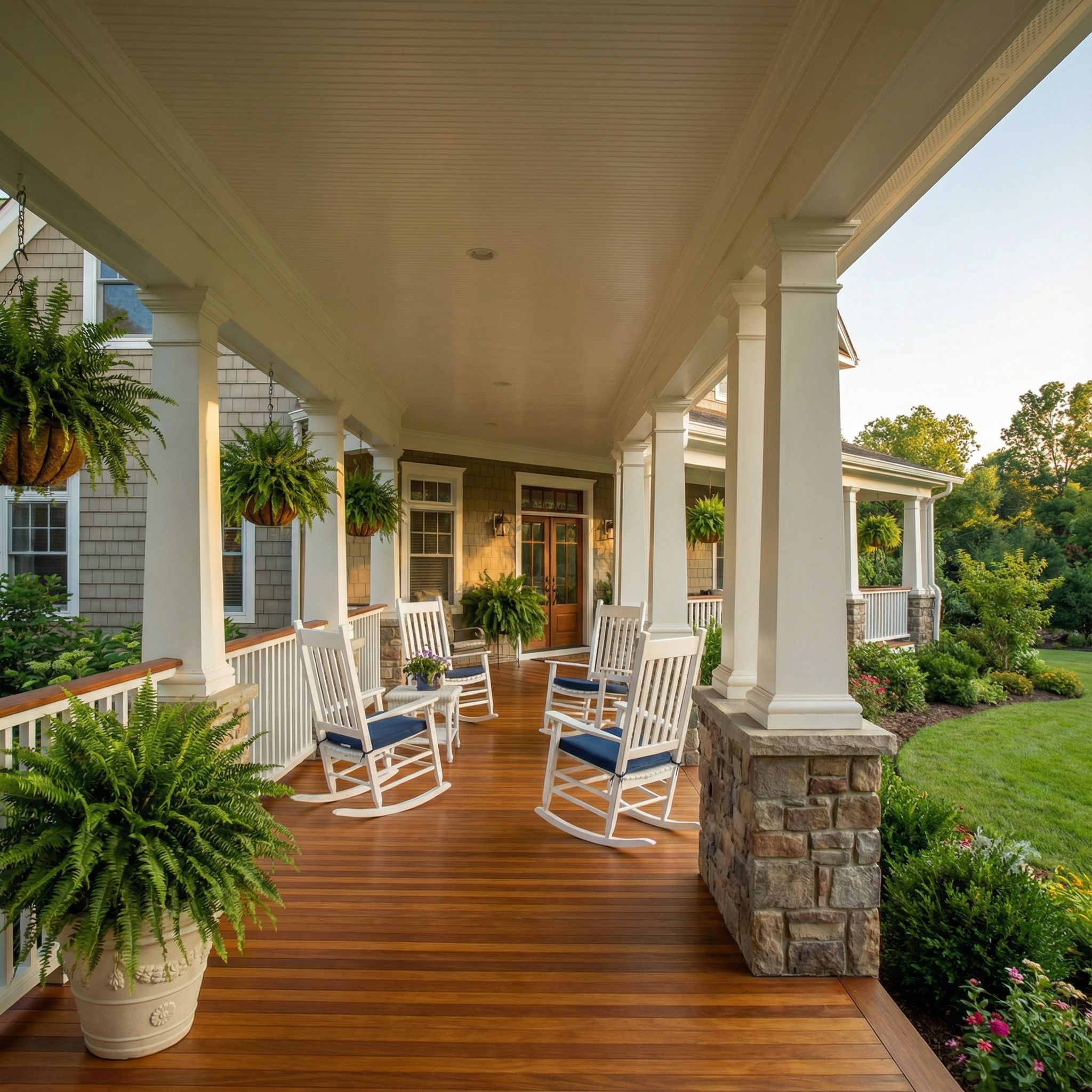Wraparound Covered Front Porch with Rocking Chairs