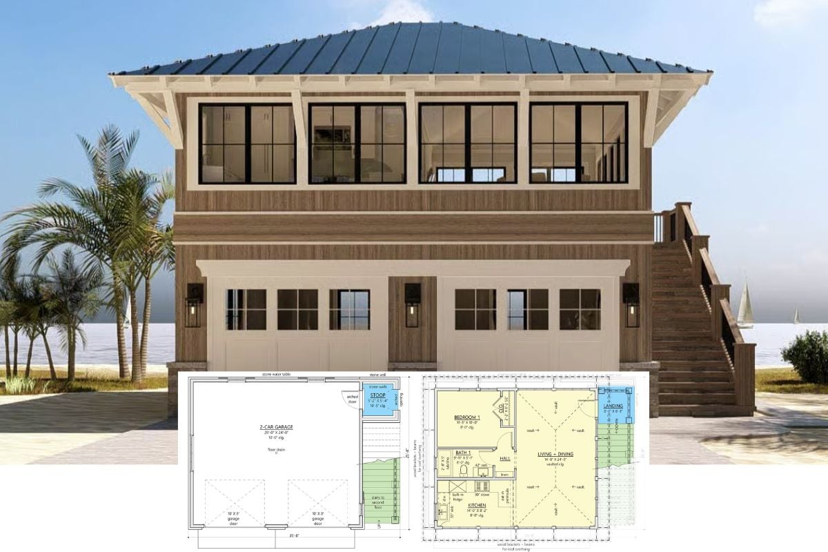 1-Bedroom Coastal Carriage Home with Open Living Space and 2-Car Garage (Floor Plan)