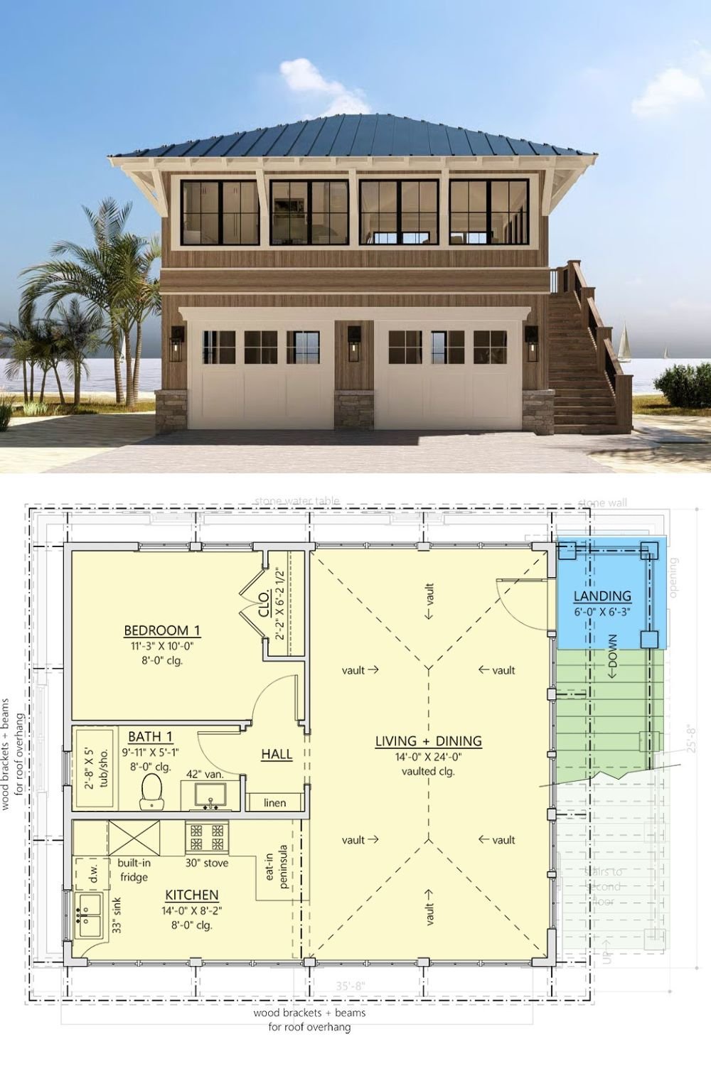 1-Bedroom Coastal Carriage Home with Open Living Space and 2-Car Garage (Floor Plan)
