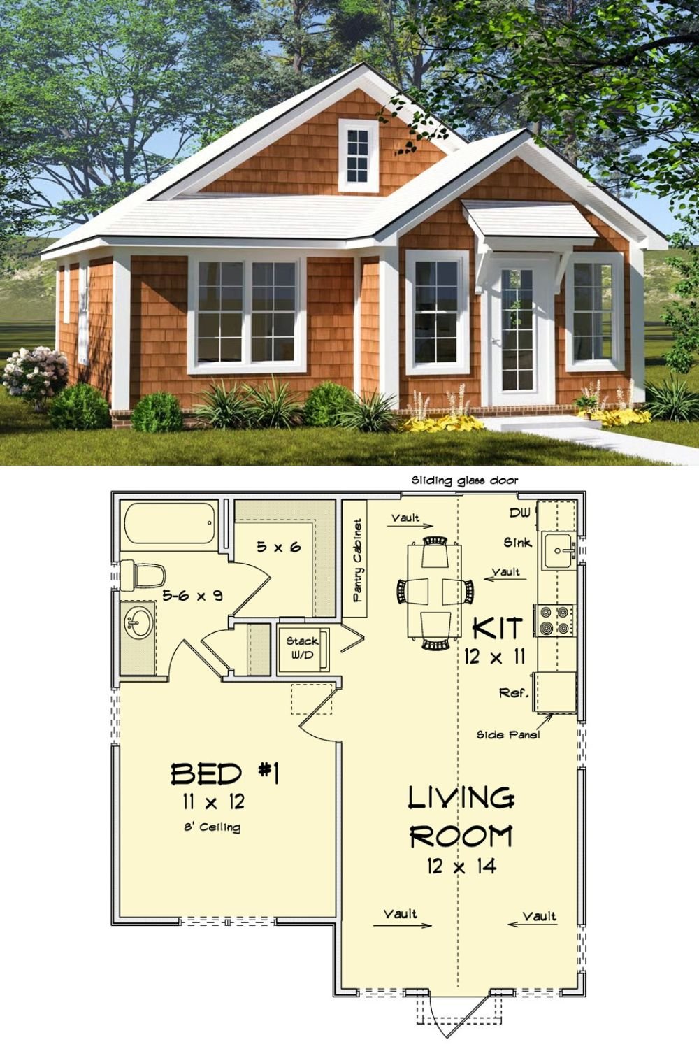 Craftsman-Style Cottage with 1 Bedroom and Open-Concept Living (Floor Plan)