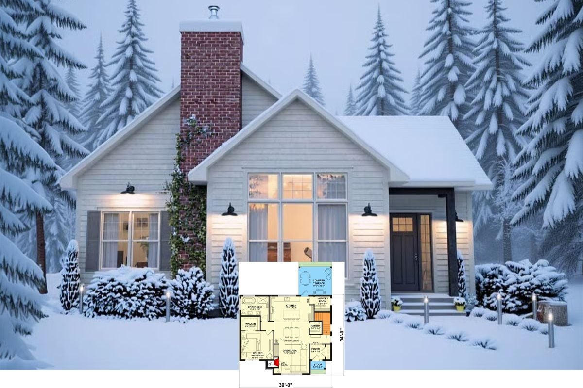 Modern 1-Bedroom Cottage with Open Floor Plan and Covered Terrace (Floor Plan)