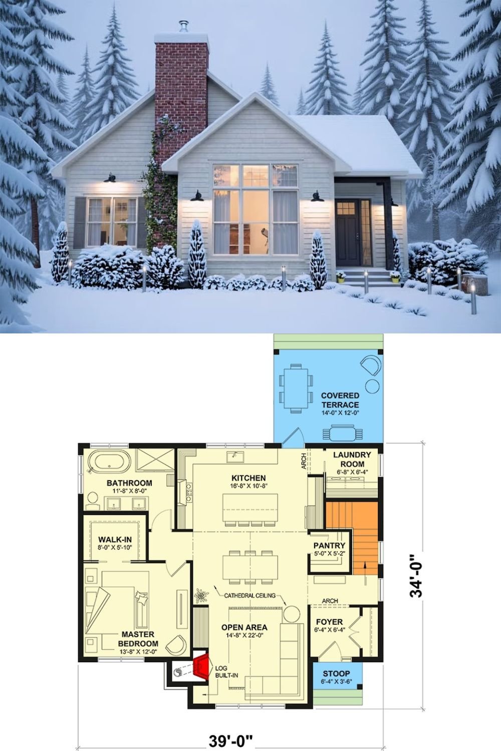 Modern 1-Bedroom Cottage with Open Floor Plan and Covered Terrace (Floor Plan)