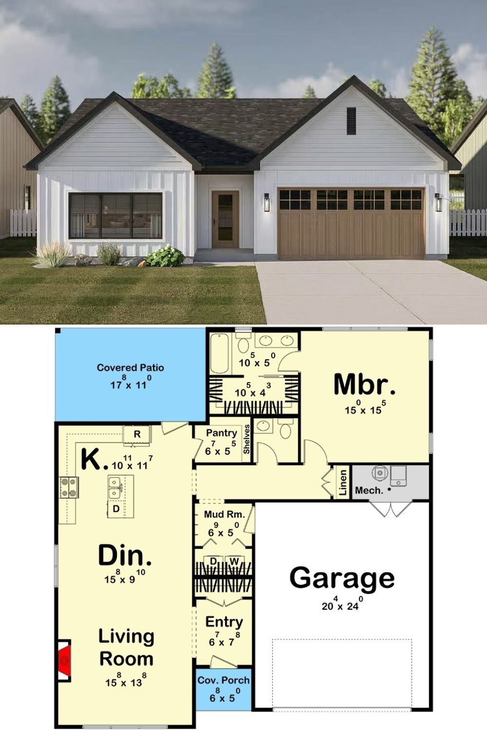 1-Bedroom Ranch with Double Garage and Covered Patio (Floor Plan)