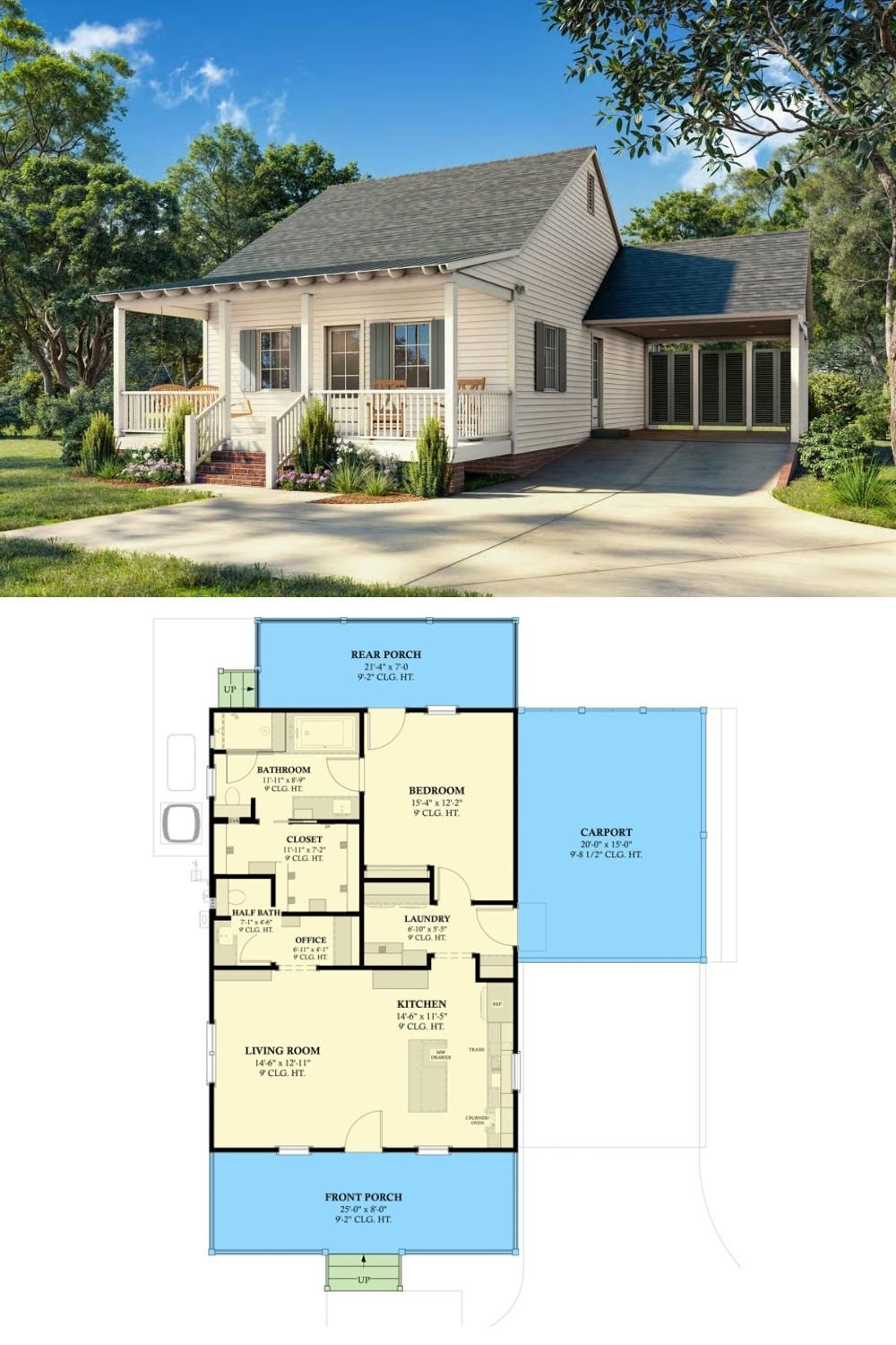 Southern 1-Bedroom Cottage with Front Porch and Covered Patio (Floor Plan)