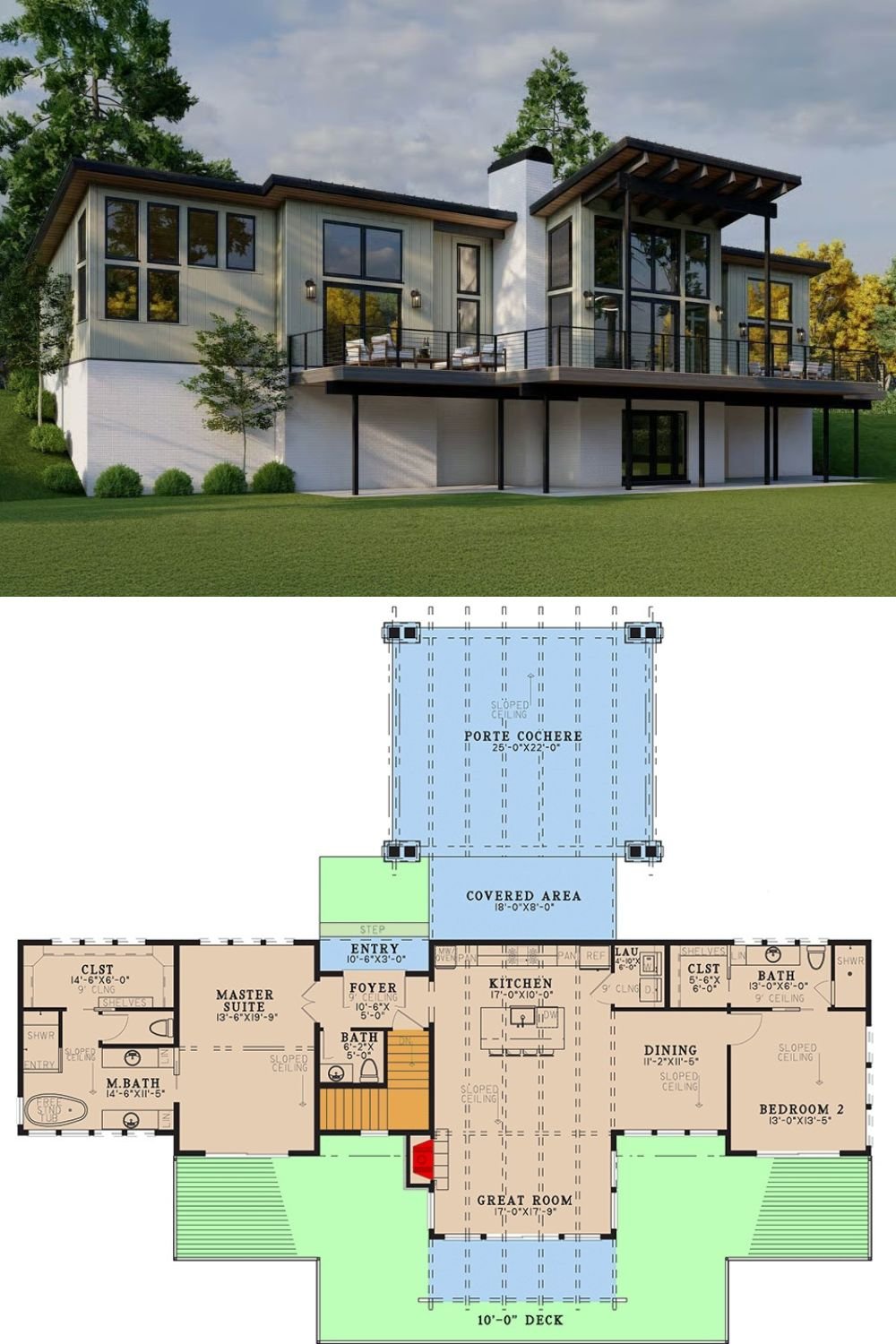 2-Bedroom Contemporary Mountain Home with Front Porch and Optional Basement (Floor Plan)