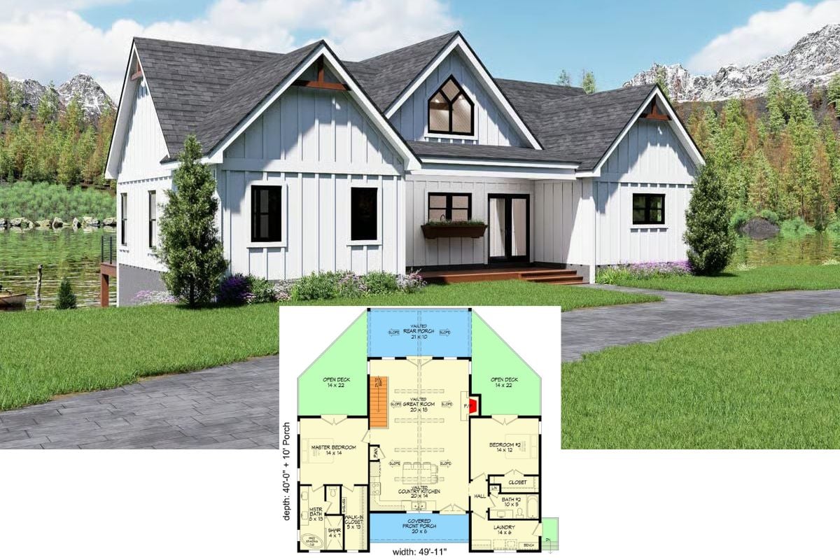 Modern Farmhouse-Style 2-Bedroom Home with Front Porch and Basement Expansion (Floor Plan)