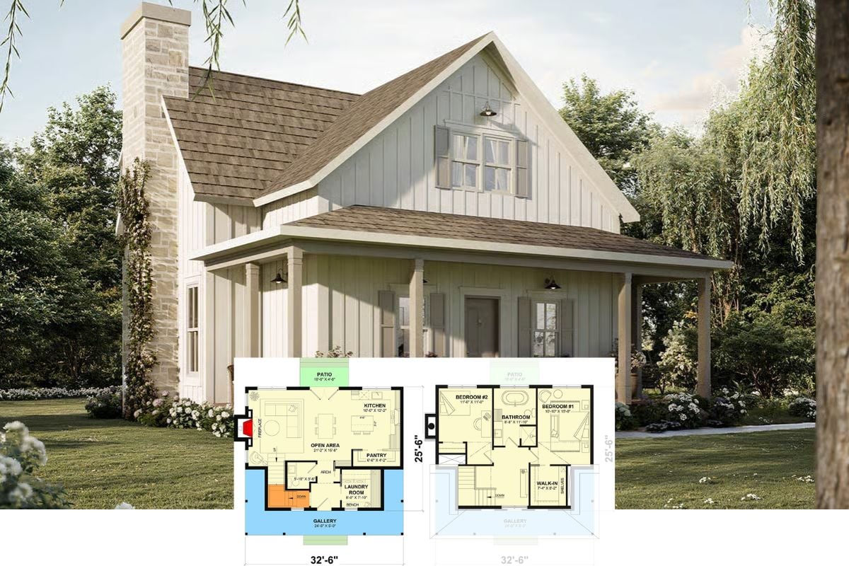 2-Bedroom Modern Farmhouse with Open Living Space and Covered Front Porch (Floor Plan)